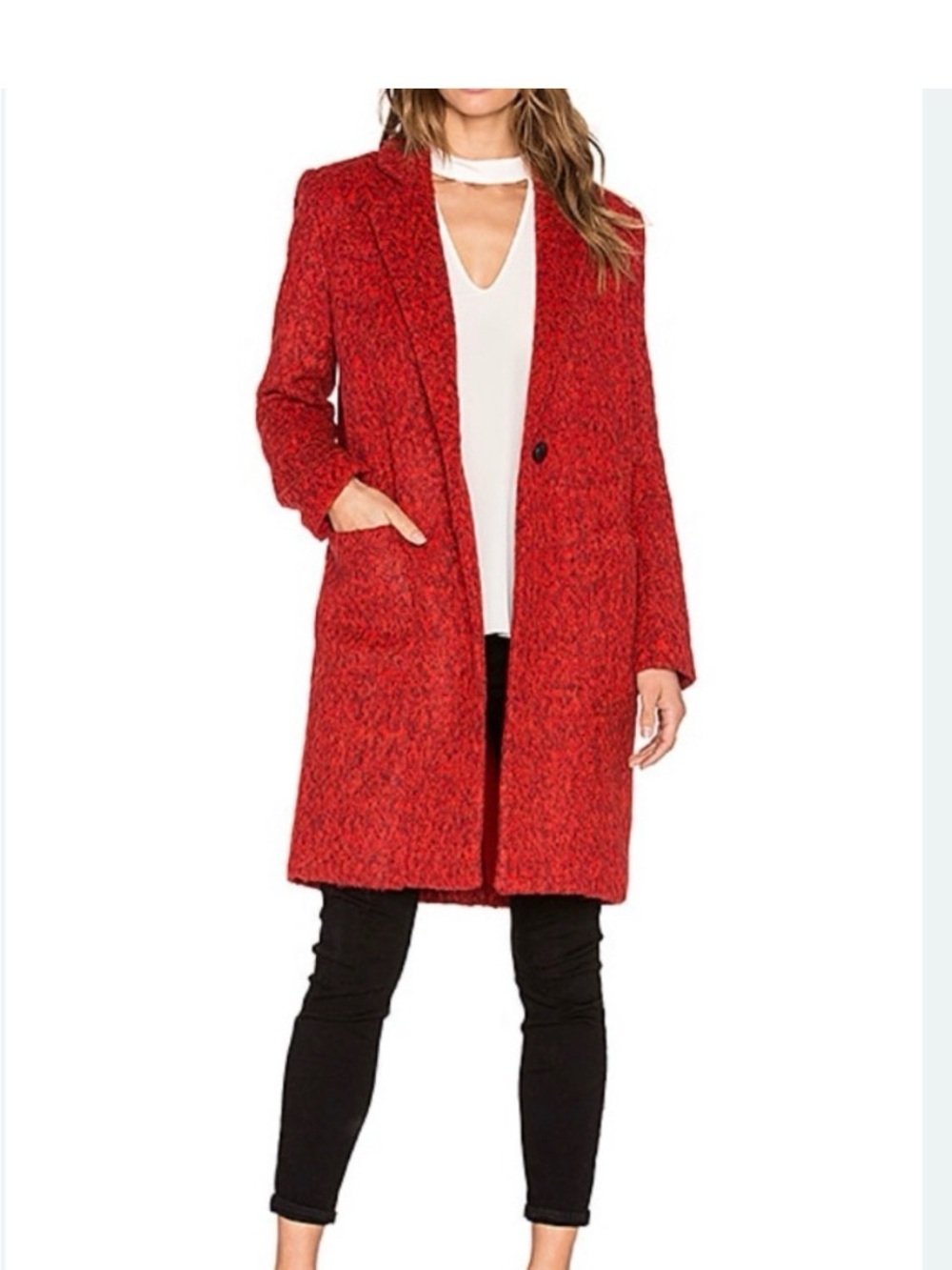 ZAC Zac Posen Red Textured Wool-Blend Pea Coat